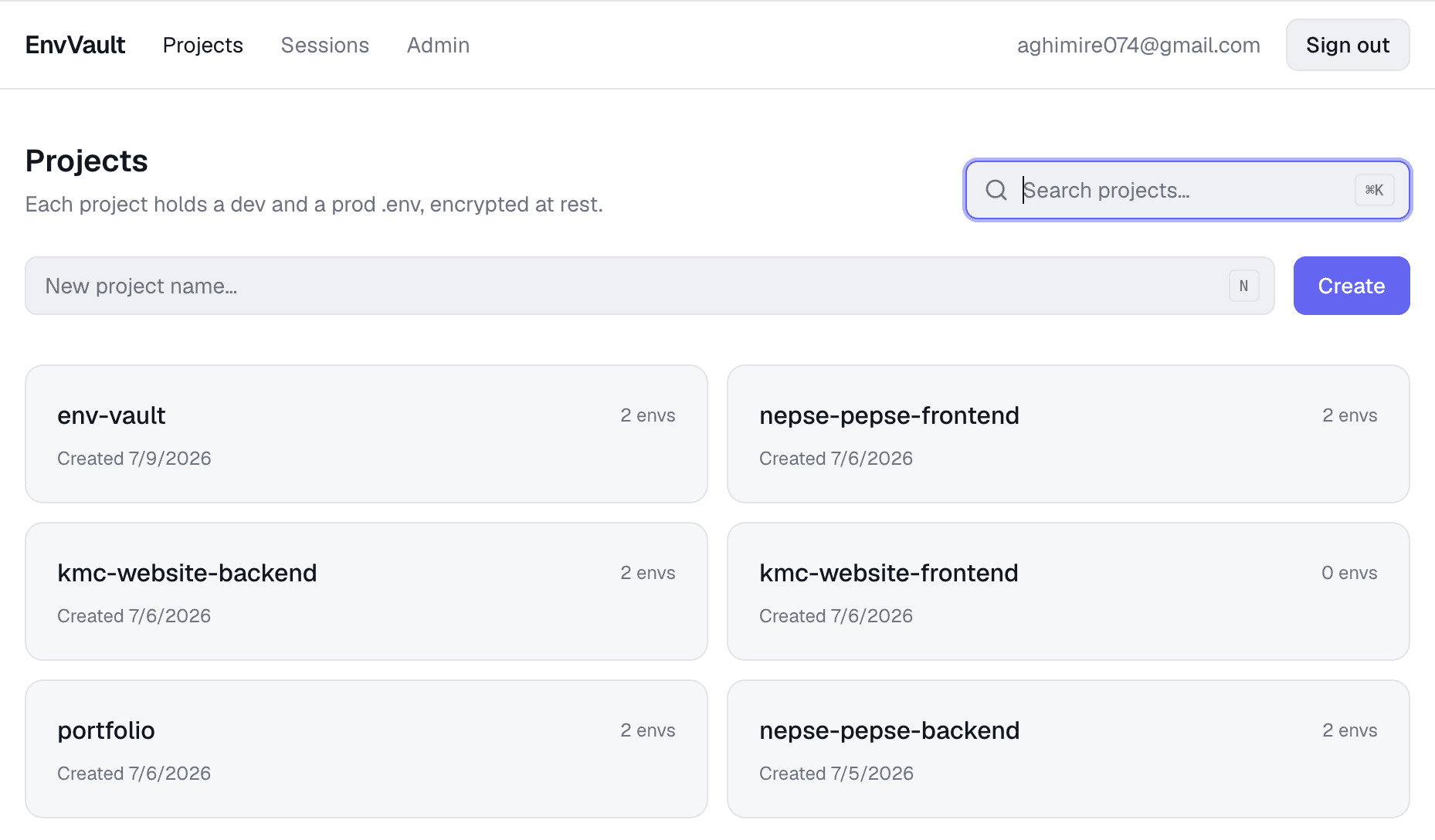 A screen from EnvVault - secure env storage.